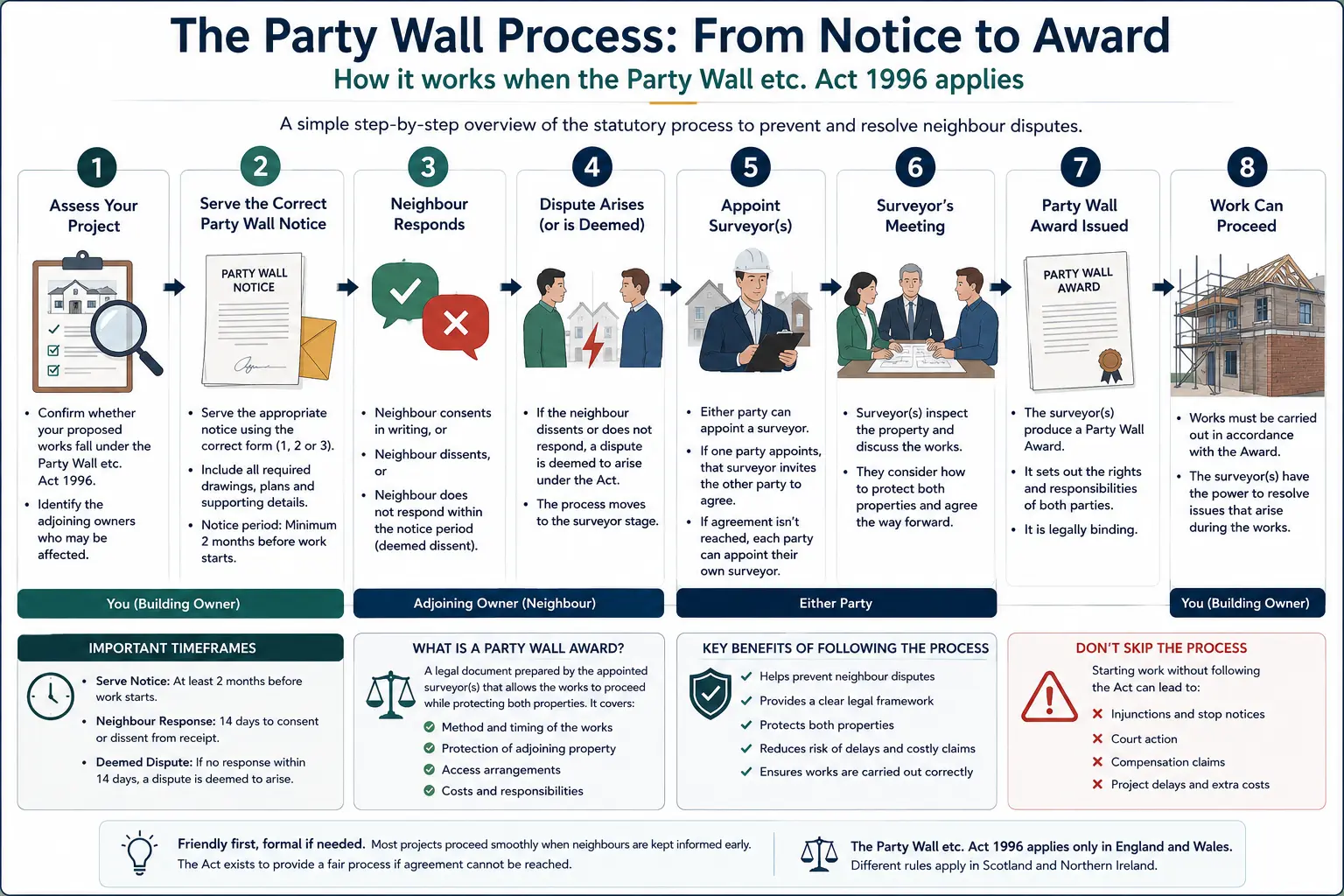 Do I Need a Party Wall Agreement? An infographic showing the party wall process from notice to award in a very interactive way for the citizens living in Northampton, UK