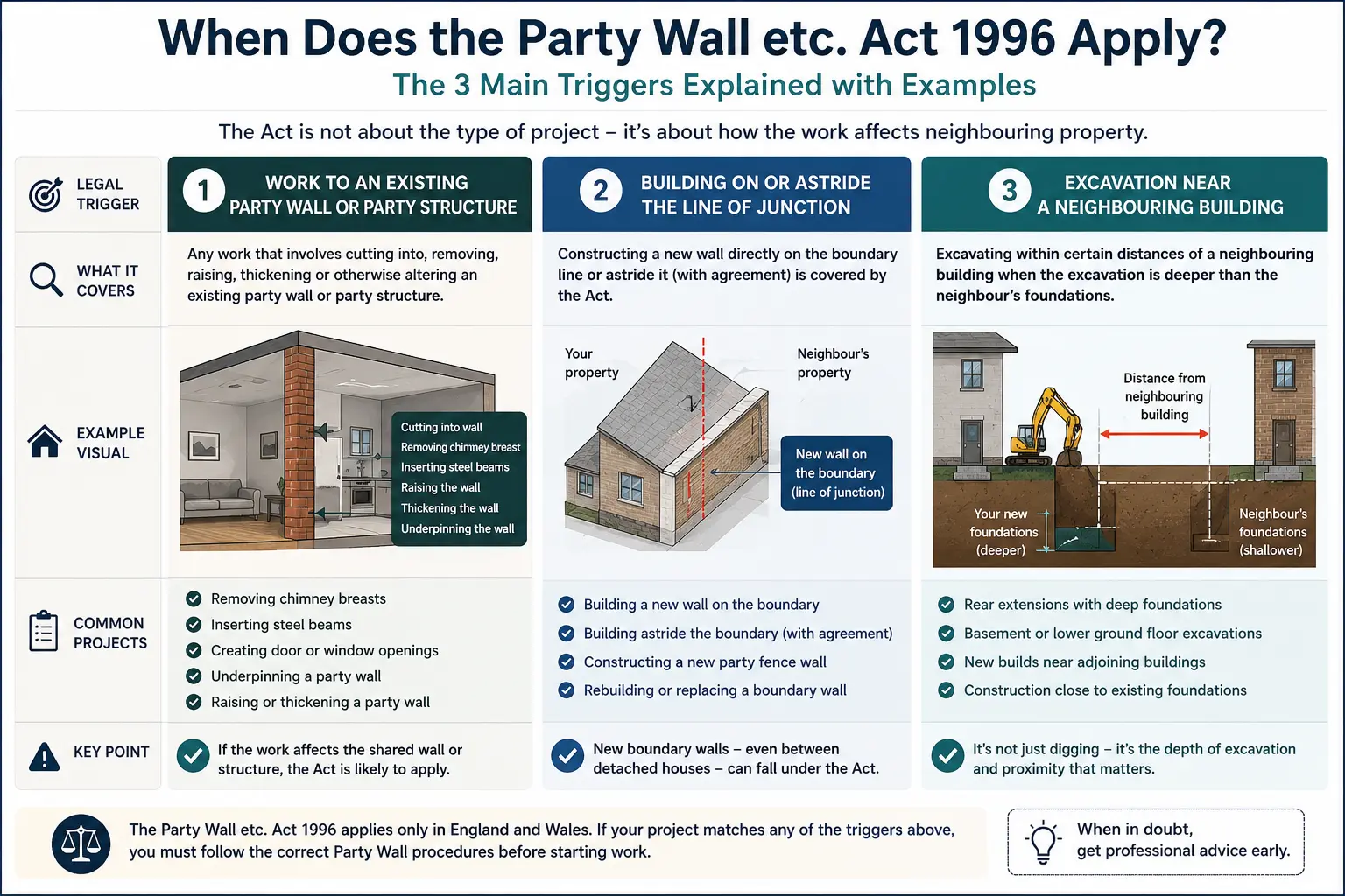 Do I Need a Party Wall Agreement? An infographic showing when does the party wall etc act 1996 apply like excavation, junction, painting, in Northampton, UK